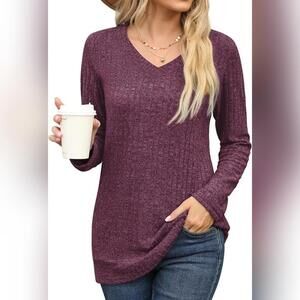 NWOT PrinStory Women's Tunic Top Soft Lightweight Long Sleeve V Neck, L